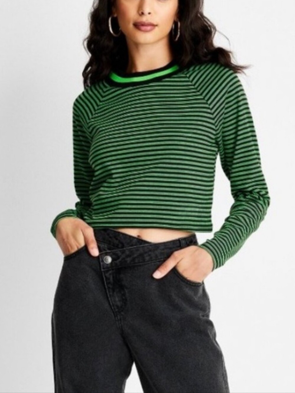 💎NWT KBB Future Collective Green and Black Stripe Long-Sleeve Crop Top